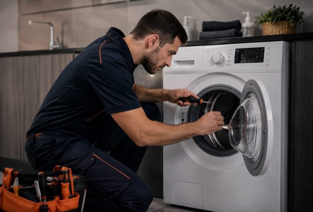 Hobart technician repairing a front-load washing machine