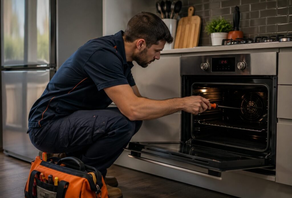 Hobart technician repairing a built-in oven in a kitchen