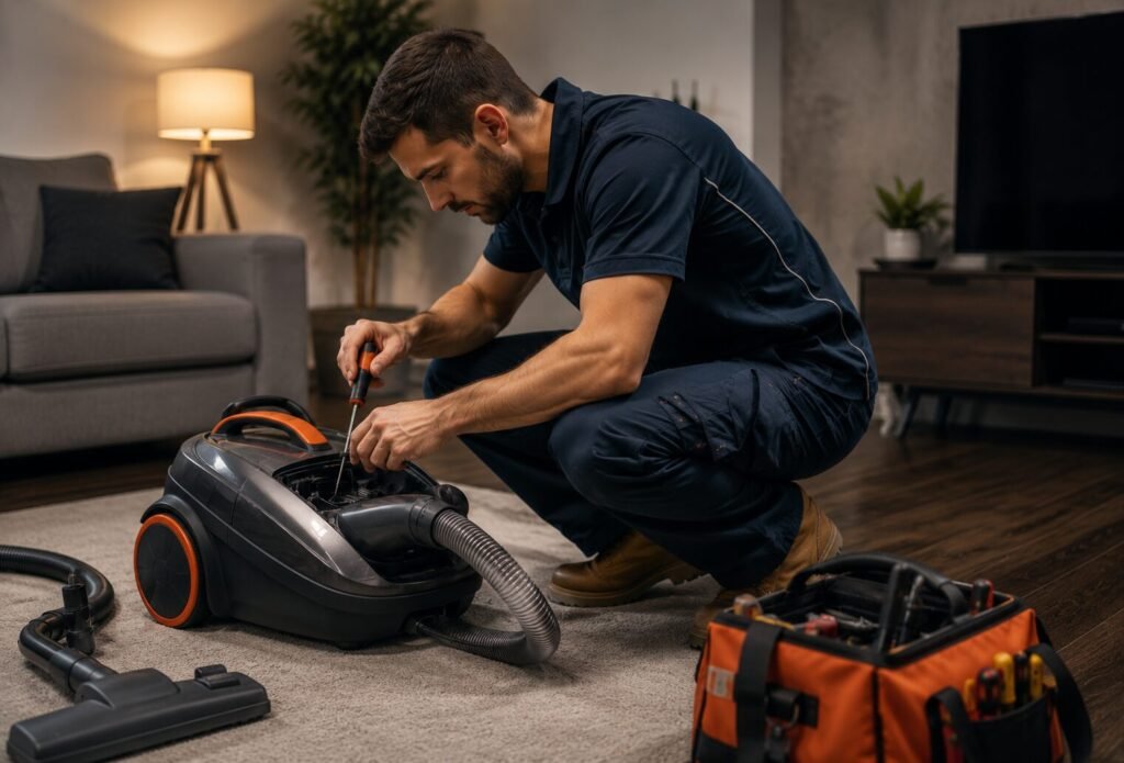 Hobart technician servicing a canister vacuum cleaner