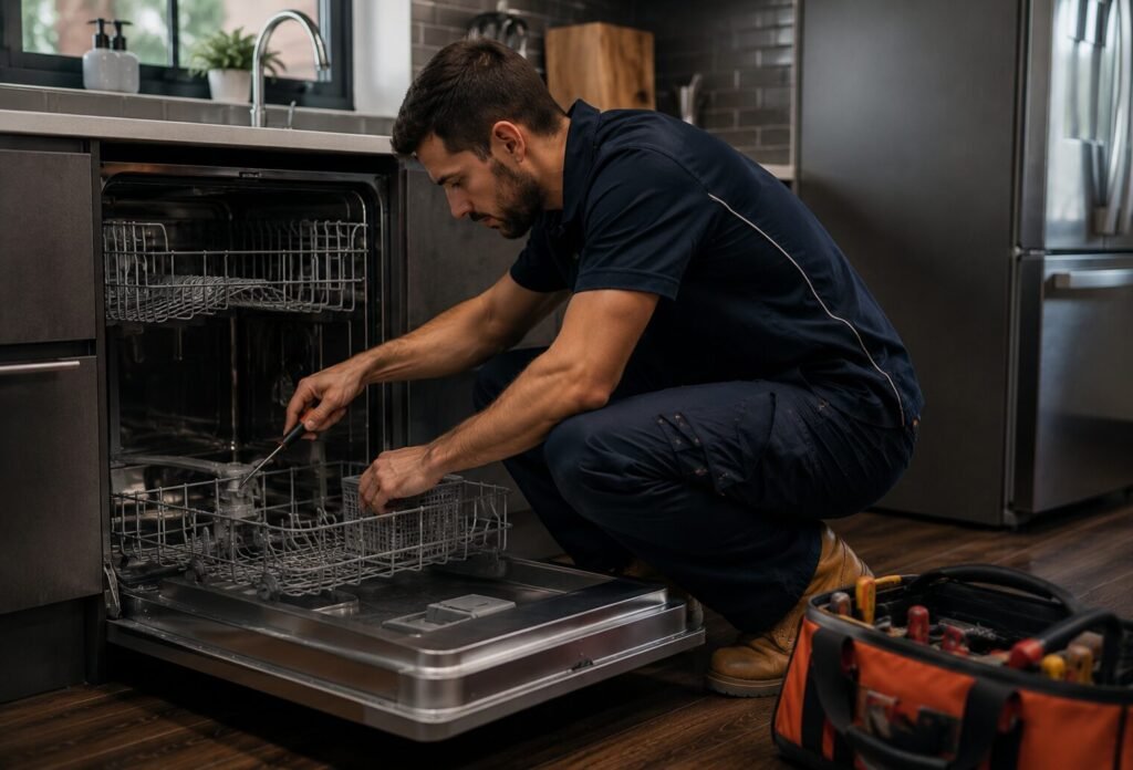 Hobart technician repairing an open dishwasher in a kitchen
