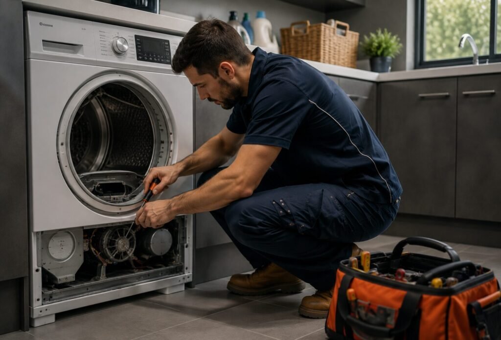 Hobart technician repairing a clothes dryer
