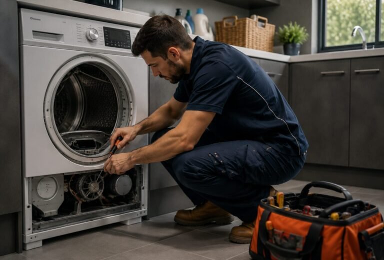 Hobart technician repairing a clothes dryer