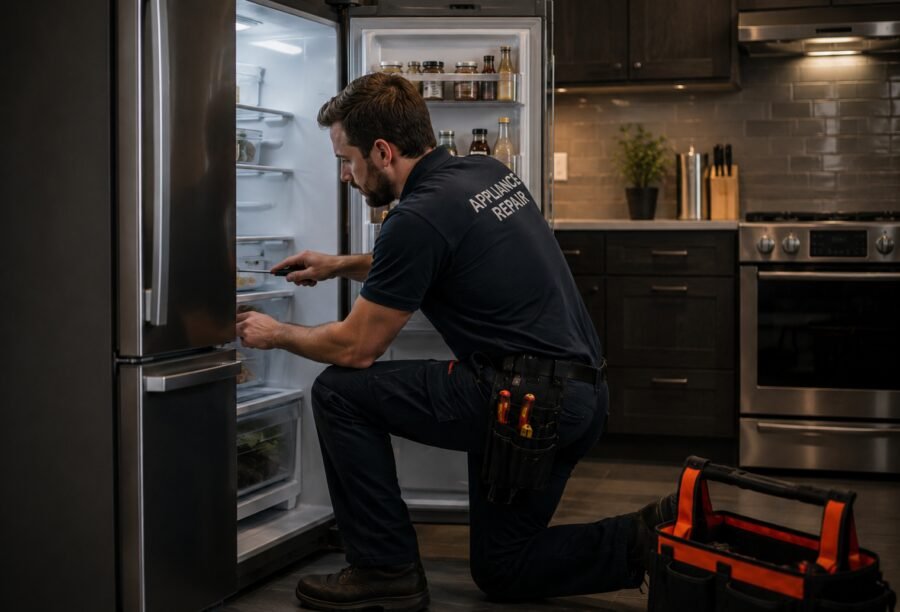 Fridge repair Hobart technician inspecting an open refrigerator