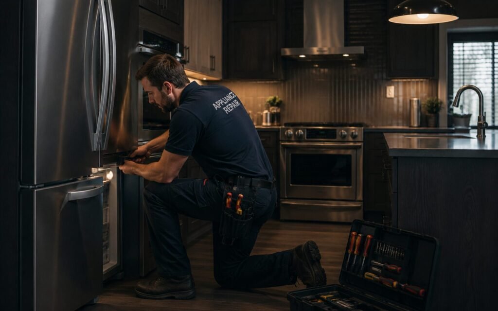 Appliance repair technician fixing a refrigerator in a Hobart kitchen
