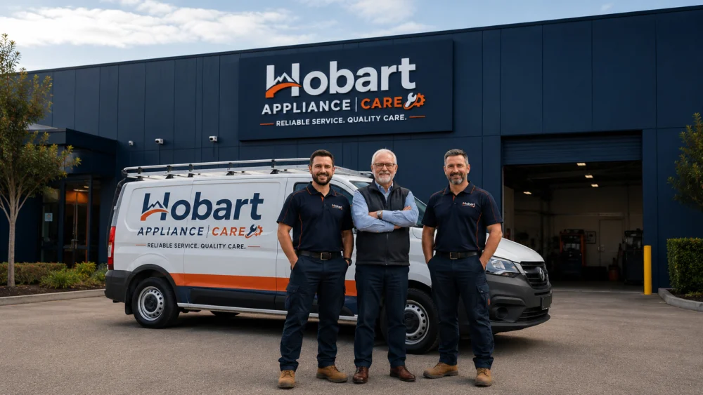 Appliance Care technicians and service van outside a Hobart home